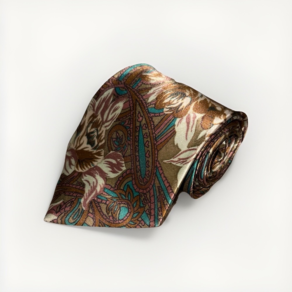 80s Vintage K.M. Milano‎ Brown Paisley Floral Print Polyester Made In Korea